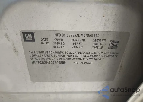 2012 Chevrolet Cruze Ls z USA, uszkodzony, nr VIN 1G1PC5SH7C7396809